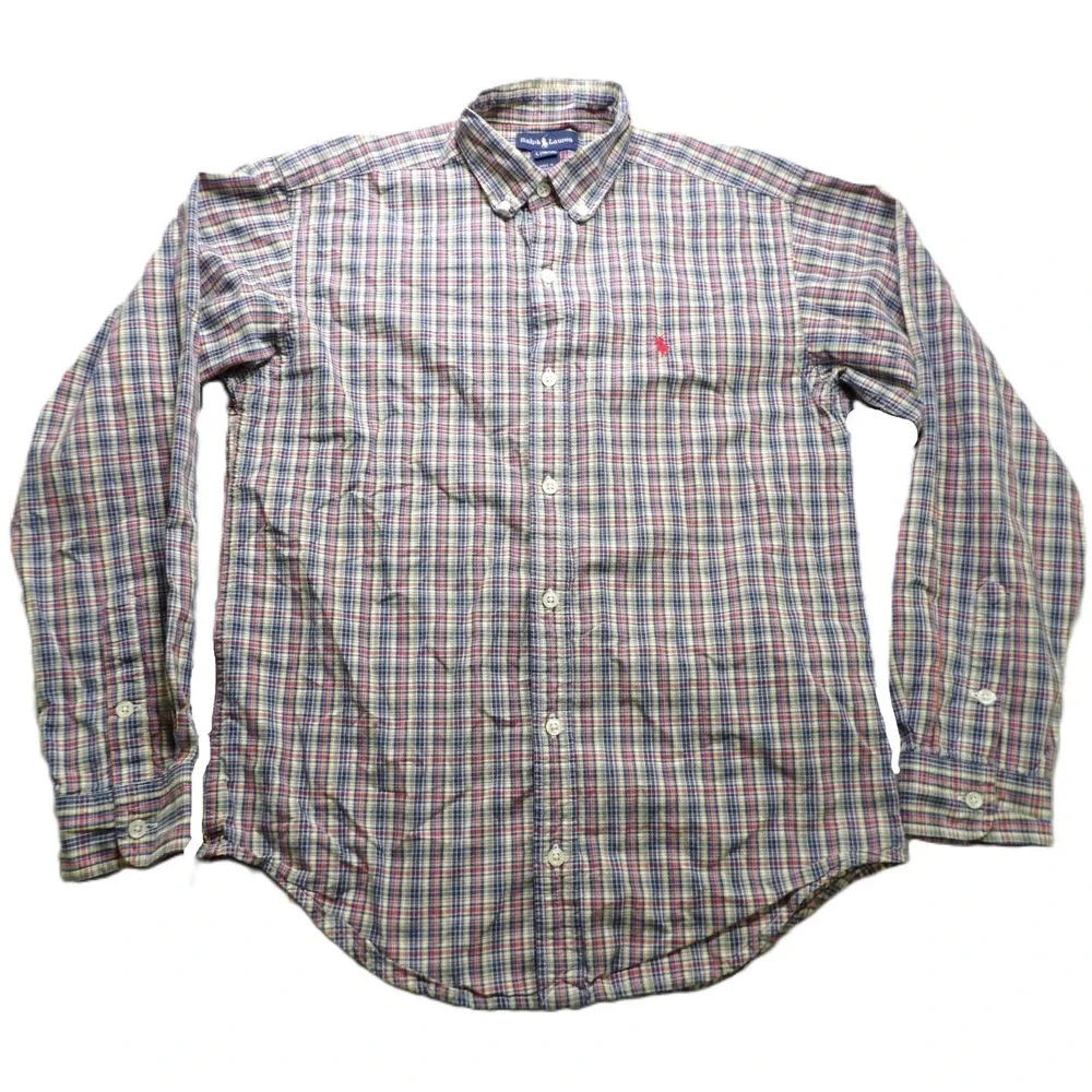 Ralph Lauren Boys Large 16/18 Plaid Button Down Shirt Madras OCBD Cotton LS Pony